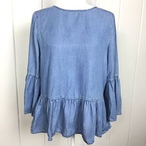 ‎Beachlunchlounge Chambray Top Blue Peplum Ruffle Blouse, Size Medium